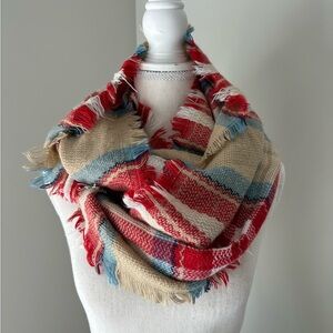 Red & Beige Plaid Infinity Scarf with Wool